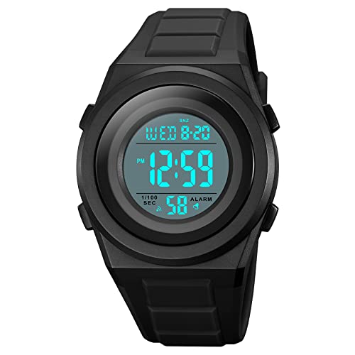 TONSHEN Unisex Herrenuhr Damenuhr 50M Wasserdicht LED Elektronik Countdown 12H/24H Digital Outdoor Sport Uhr Doppelte Zeit Alarm Stoppuhr Plastik Uhren (Schwarz) von TONSHEN