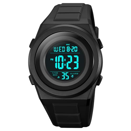 TONSHEN Unisex Herrenuhr Damenuhr 50M Wasserdicht LED Elektronik Countdown 12H/24H Digital Outdoor Sport Uhr Doppelte Zeit Alarm Stoppuhr Plastik Uhren (Schwarz 2) von TONSHEN