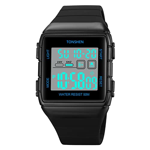 TONSHEN Unisex Herrenuhr Damenuhr LED Elektronik Digitaluhr Outdoor Sportuhr Doppelte Zeit Alarm Countdown Stoppuhr Plastik Uhren 50M Wasserdicht Armbanduhr (Blau) von TONSHEN