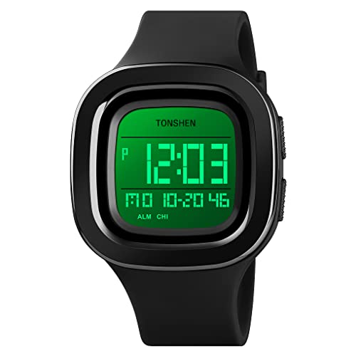 TONSHEN Unisex Herrenuhr Damenuhr LED Elektronik Digitaluhr Outdoor Sportuhr Doppelte Zeit Alarm Stoppuhr Plastik Uhren 50M Wasserdicht Countdown Plastik Armbanduhr (Schwarz) von TONSHEN