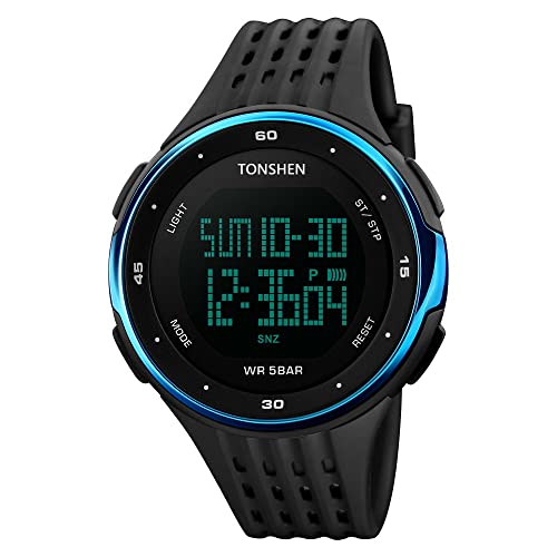 TONSHEN Unisex Herrenuhr Damenuhr Outdoor Digitaluhr Sportuhr 50M Wasserdicht LED Multifunktional Plastik Armbanduhr mit Silikon Band (Blau) von TONSHEN