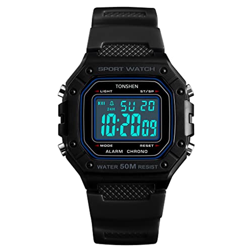 TONSHEN Unisex Herrenuhr Damenuhr Outdoor Militär Sportuhr 50M Wasserdicht LED Elektronik Digitaluhr Plastik Lünette und Kautschuk Band Uhren Multifunktionale Alarm Datum Armbanduhr (Schwarz) von TONSHEN