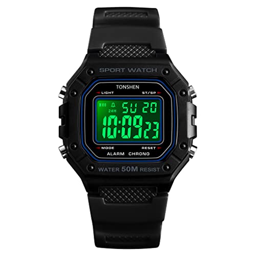 TONSHEN Unisex Herrenuhr Damenuhr Outdoor Militär Sportuhr 50M Wasserdicht LED Elektronik Digitaluhr Plastik Lünette und Kautschuk Band Uhren Multifunktionale Alarm Datum Armbanduhr (Schwarz 2) von TONSHEN