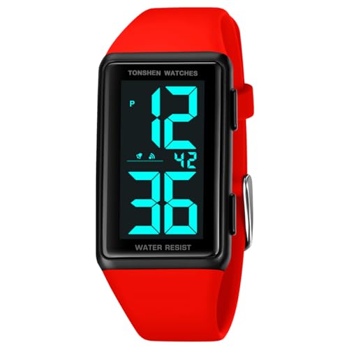 TONSHEN Unisex Kinder Sport Digital 50M Wasserdicht Plastik Uhren LED Elektronik Licht Alarm Outdoor Armbanduhr (Rot) von TONSHEN