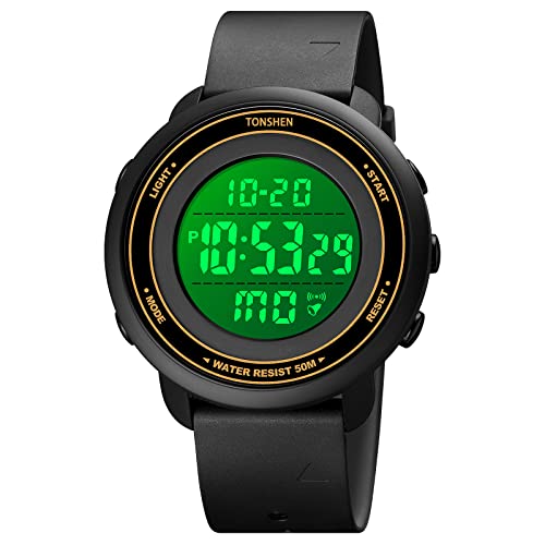 TONSHEN Unisex LED Elektronik Digitaluhr Outdoor Sportuhr Doppelte Zeit Alarm Stoppuhr Plastik Damen und Herren Uhren 50M Wasserdicht (Gelb) von TONSHEN