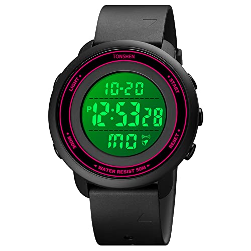 TONSHEN Unisex LED Elektronik Digitaluhr Outdoor Sportuhr Doppelte Zeit Alarm Stoppuhr Plastik Damen und Herren Uhren 50M Wasserdicht (Rot) von TONSHEN