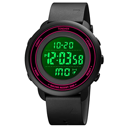 TONSHEN Unisex LED Elektronik Digitaluhr Outdoor Sportuhr Doppelte Zeit Alarm Stoppuhr Plastik Damen und Herren Uhren 50M Wasserdicht (Rot 2) von TONSHEN