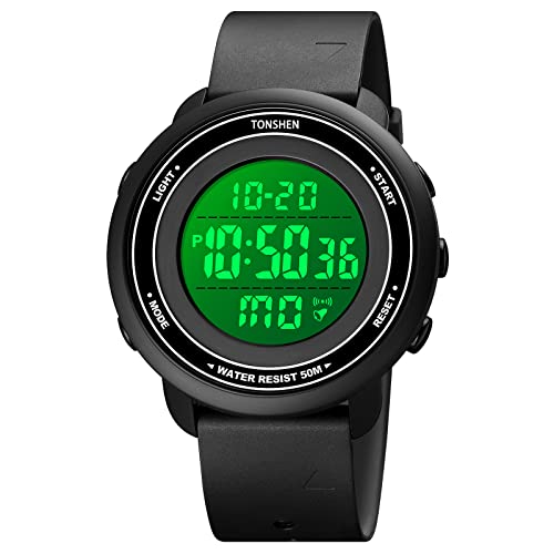 TONSHEN Unisex LED Elektronik Digitaluhr Outdoor Sportuhr Doppelte Zeit Alarm Stoppuhr Plastik Damen und Herren Uhren 50M Wasserdicht (Schwarz) von TONSHEN