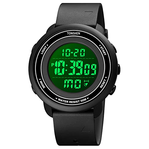 TONSHEN Unisex LED Elektronik Digitaluhr Outdoor Sportuhr Doppelte Zeit Alarm Stoppuhr Plastik Damen und Herren Uhren 50M Wasserdicht (Schwarz 2) von TONSHEN