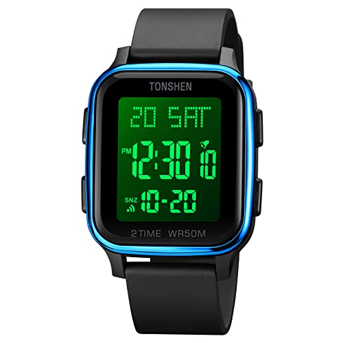 TONSHEN Unisex LED Elektronik Digitaluhr Outdoor Wasserdicht Sportuhr Doppelte Zeit Alarm Countdown Stoppuhr Plastik Uhren mit Kautschuk Band (Blau) von TONSHEN
