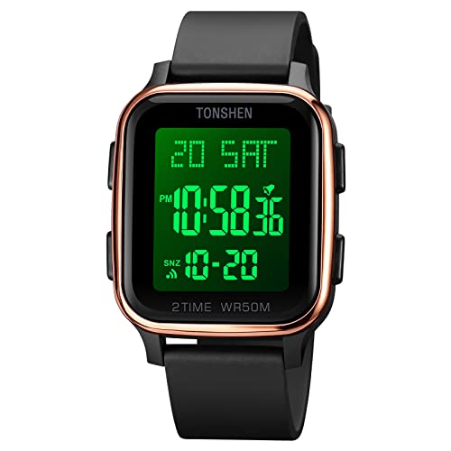 TONSHEN Unisex LED Elektronik Digitaluhr Outdoor Wasserdicht Sportuhr Doppelte Zeit Alarm Countdown Stoppuhr Plastik Uhren mit Kautschuk Band (Gelb) von TONSHEN