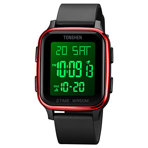 TONSHEN Unisex LED Elektronik Digitaluhr Outdoor Wasserdicht Sportuhr Doppelte Zeit Alarm Countdown Stoppuhr Plastik Uhren mit Kautschuk Band (Rot) von TONSHEN