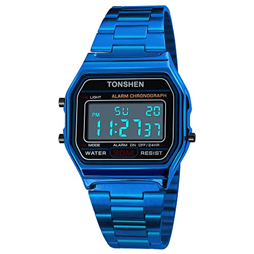 TONSHEN Unisex Multifunktion Digital Uhren Outdoor Sportuhr Kalender Datum Stoppuhr Edelstahl Armbanduhr (Blau) von TONSHEN