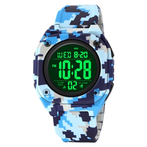 TONSHEN Unisex Multifunktional Uhr Digitaluhr Outdoor Wasserdicht Sportuhr Doppelte Zeit Alarm Countdown Stoppuhr LED Elektronik Plastik Uhren (Blau Camo) von TONSHEN