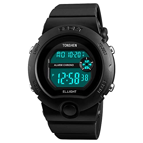 TONSHEN Unisex Outdoor Digital Uhren 50M Wasserdicht Sportuhr Multifunktion LED Elektronik Plastik Lünetten mit Kautschuk Band Armbanduhr (Schwarz) von TONSHEN