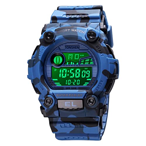 TONSHEN Unisex Outdoor Militär Sportuhr Wasserdicht Herrenuhr und Damenuhr LED Elektronik Digitaluhr Plastik Lünette und Kautschuk Band Uhren Alarm Datum Armbanduhr (Groß Blau) von TONSHEN