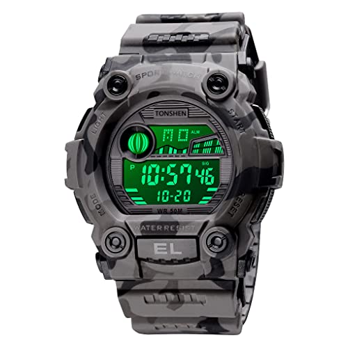 TONSHEN Unisex Outdoor Militär Sportuhr Wasserdicht Herrenuhr und Damenuhr LED Elektronik Digitaluhr Plastik Lünette und Kautschuk Band Uhren Alarm Datum Armbanduhr (Groß Grau) von TONSHEN