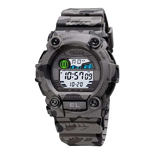 TONSHEN Unisex Outdoor Militär Sportuhr Wasserdicht Herrenuhr und Damenuhr LED Elektronik Digitaluhr Plastik Lünette und Kautschuk Band Uhren Alarm Datum Armbanduhr (Klein Grau) von TONSHEN