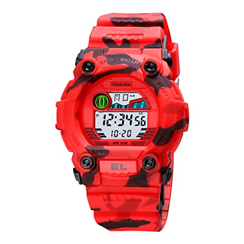 TONSHEN Unisex Outdoor Militär Sportuhr Wasserdicht Herrenuhr und Damenuhr LED Elektronik Digitaluhr Plastik Lünette und Kautschuk Band Uhren Alarm Datum Armbanduhr (Klein Rot) von TONSHEN