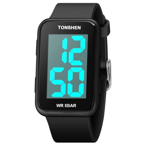 TONSHEN Unisex Outdoor Sport Uhren LED Elektronik Große Zahlen Herrenuhr Damenuhr Digitaluhr Kautschuk Armbanduhr (Schwarz) von TONSHEN