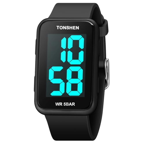 TONSHEN Unisex Outdoor Sport Uhren LED Elektronik Große Zahlen Herrenuhr Damenuhr Digitaluhr Kautschuk Armbanduhr (Schwarz 2) von TONSHEN