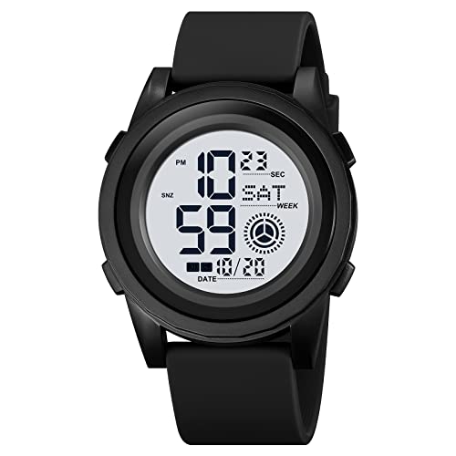 TONSHEN Unisex Plastik Kautschuk Uhren Wasserdicht Digitaluhr Sportuhr LED Elektronik Countdown Doppelte Zeit Alarm Armbanduhr (Schwarz) von TONSHEN