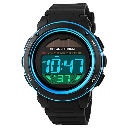 TONSHEN Unisex Solar Digital Uhren Mode LED Outdoor 50M Wasserdicht Sportuhr Plastik Militär Uhren Herrenuhr Damenuhr Kalender Alarm Armbanduhr (Blau) von TONSHEN