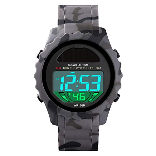 TONSHEN Unisex Solarenergie Outdoor Sportuhr 50M Wasserdicht LED Elektronik Digitaluhr Plastik Lünette und Kautschuk Band Uhren Multifunktionale Alarm Datum Armbanduhr (Grau) von TONSHEN