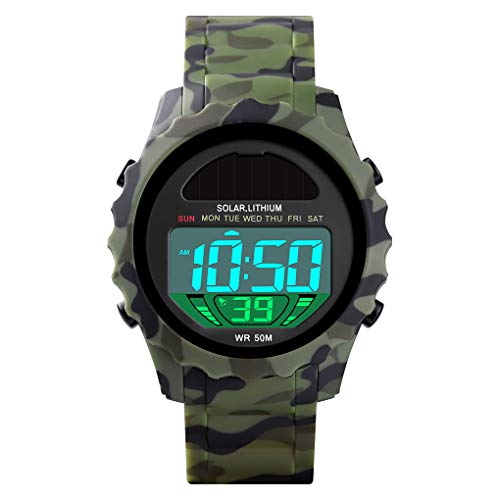 TONSHEN Unisex Solarenergie Outdoor Sportuhr 50M Wasserdicht LED Elektronik Digitaluhr Plastik Lünette und Kautschuk Band Uhren Multifunktionale Alarm Datum Armbanduhr (Grün) von TONSHEN