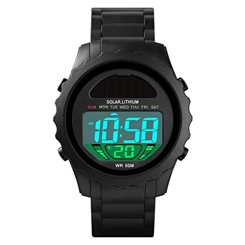 TONSHEN Unisex Solarenergie Outdoor Sportuhr 50M Wasserdicht LED Elektronik Digitaluhr Plastik Lünette und Kautschuk Band Uhren Multifunktionale Alarm Datum Armbanduhr (Schwarz) von TONSHEN