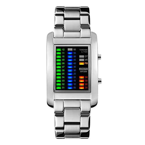 Sport Digital Binäre Uhr 50M Wasserdicht Einzigartige Design Cool Uhren Rechteck Lünette Edelstahl Armbanduhr 4 Farbe LED Licht Kalender Woche Mode Creative Kleidung Uhren für Herren Damen (Silber) von TONSHEN