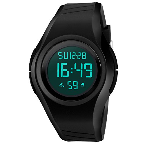 TONSHEN Unisex Sportuhr 50M Wasserdicht Plastik Lünetten mit Kautschuk Band Multifunktion Outdoor Digitaluhr Herren und Damen LED Elektronik Uhren (Schwarz) von TONSHEN