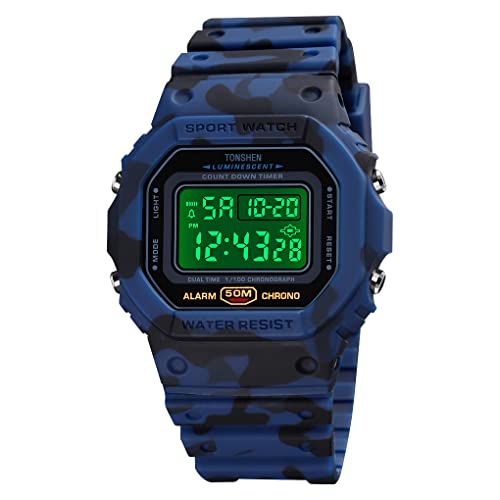 TONSHEN Unisex Sportuhr Digitaluhr LED Elektronik Outdoor Doppelte Zeit Alarm Stoppuhr Plastik Uhren 50M Wasserdicht Countdown Armbanduhr (Blau Camo) von TONSHEN