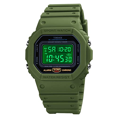 TONSHEN Unisex Sportuhr Digitaluhr LED Elektronik Outdoor Doppelte Zeit Alarm Stoppuhr Plastik Uhren 50M Wasserdicht Countdown Armbanduhr (Grün) von TONSHEN