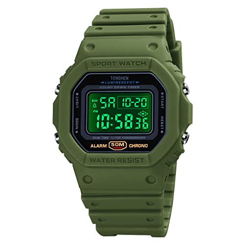 TONSHEN Unisex Sportuhr Digitaluhr LED Elektronik Outdoor Doppelte Zeit Alarm Stoppuhr Plastik Uhren 50M Wasserdicht Countdown Armbanduhr (Grün 2) von TONSHEN