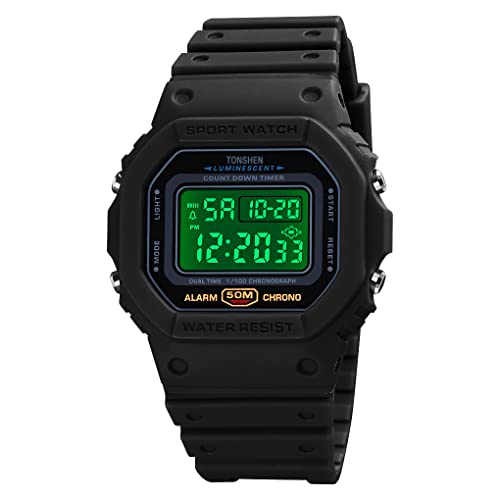 TONSHEN Unisex Sportuhr Digitaluhr LED Elektronik Outdoor Doppelte Zeit Alarm Stoppuhr Plastik Uhren 50M Wasserdicht Countdown Armbanduhr (Schwarz) von TONSHEN