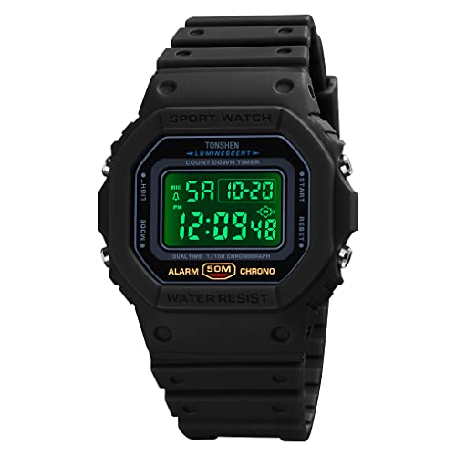 TONSHEN Unisex Sportuhr Digitaluhr LED Elektronik Outdoor Doppelte Zeit Alarm Stoppuhr Plastik Uhren 50M Wasserdicht Countdown Armbanduhr (Schwarz 2) von TONSHEN
