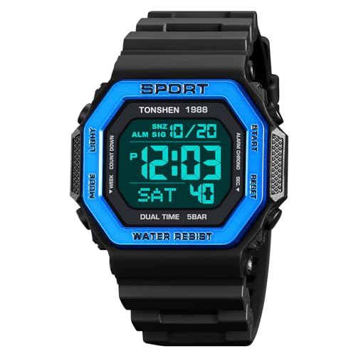 TONSHEN Unisex Uhr Herrenuhr Damenuhr LED Elektronik Digital Outdoor Wasserdicht Sport Doppelte Zeit Alarm Countdown Stoppuhr Plastik Uhren (Blau) von TONSHEN