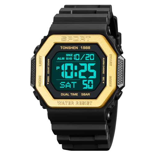 TONSHEN Unisex Uhr Herrenuhr Damenuhr LED Elektronik Digital Outdoor Wasserdicht Sport Doppelte Zeit Alarm Countdown Stoppuhr Plastik Uhren (Gelb) von TONSHEN