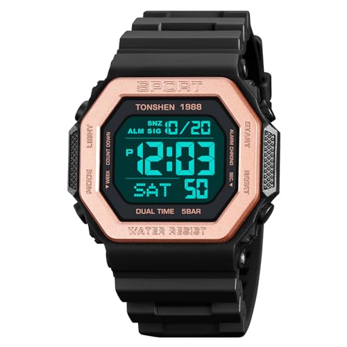 TONSHEN Unisex Uhr Herrenuhr Damenuhr LED Elektronik Digital Outdoor Wasserdicht Sport Doppelte Zeit Alarm Countdown Stoppuhr Plastik Uhren (Rose) von TONSHEN