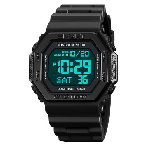 TONSHEN Unisex Uhr Herrenuhr Damenuhr LED Elektronik Digital Outdoor Wasserdicht Sport Doppelte Zeit Alarm Countdown Stoppuhr Plastik Uhren (Schwarz) von TONSHEN