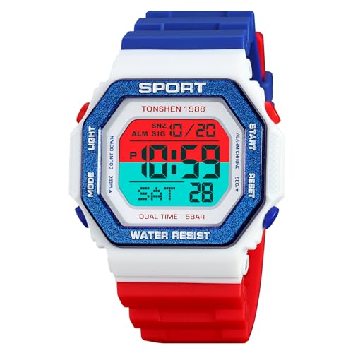 TONSHEN Unisex Uhr Herrenuhr Damenuhr LED Elektronik Digital Outdoor Wasserdicht Sport Doppelte Zeit Alarm Countdown Stoppuhr Plastik Uhren (Weiß) von TONSHEN