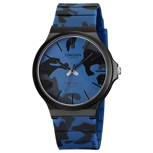 TONSHEN Unisex Uhren Damenuhr Herrenuhr Wasserdicht Plastik Lünette mit Kautschuk Band Casual Analog Quarz Armbanduhren (Blau Camo) von TONSHEN