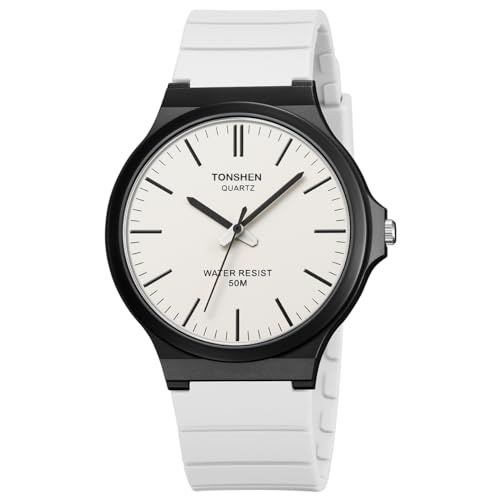 TONSHEN Unisex Uhren Damenuhr Herrenuhr Wasserdicht Plastik Lünette mit Kautschuk Band Casual Analog Quarz Armbanduhren (Schwarz Weiß) von TONSHEN