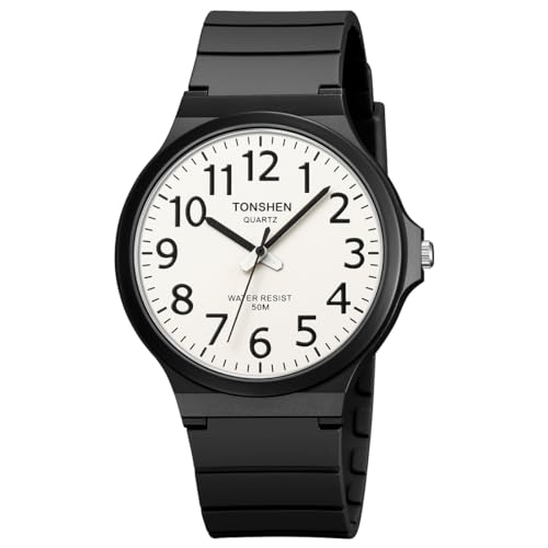 TONSHEN Unisex Uhren Damenuhr Herrenuhr Wasserdicht Plastik Lünette mit Kautschuk Band Casual Analog Quarz Armbanduhren (Schwarz Zahl) von TONSHEN