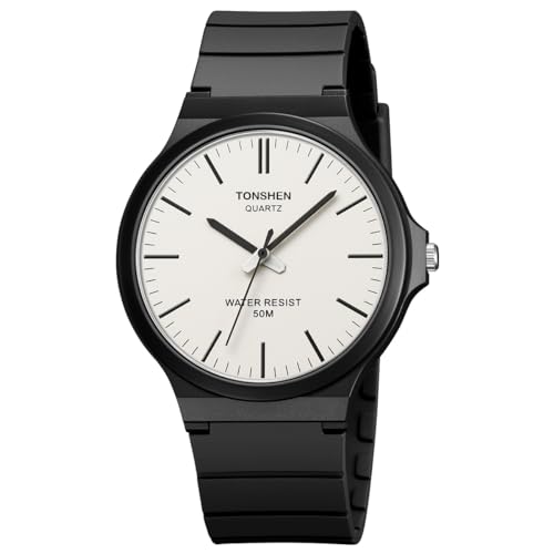 TONSHEN Unisex Uhren Damenuhr Herrenuhr Wasserdicht Plastik Lünette mit Kautschuk Band Casual Analog Quarz Armbanduhren (Weiß Schwarz) von TONSHEN