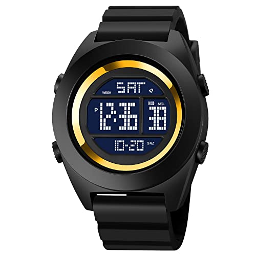 TONSHEN Unisex Wasserdicht LED Elektronik Countdown 12H/24H Digital Outdoor Sport Uhr Doppelte Zeit Alarm Stoppuhr Plastik Uhren (Gold) von TONSHEN