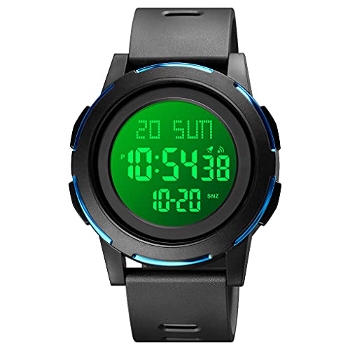 TONSHEN Unisex Wasserdicht Outdoor Sport LED Elektronik Doppelte Zeit Alarm Stoppuhr Digitaluhr Multifunktional Plastik Uhren (Blau Schwarz) von TONSHEN