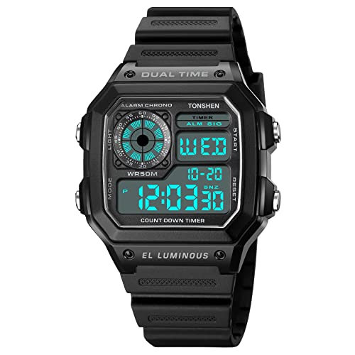 TONSHEN Unisex Wasserdicht Uhr Sportuhr LED Elektronik Digitaluhr Outdoor Militär Multifunktional Plastik Uhren und Kautschuk Band Doppelte Zei Armbanduhr (Schwarz) von TONSHEN