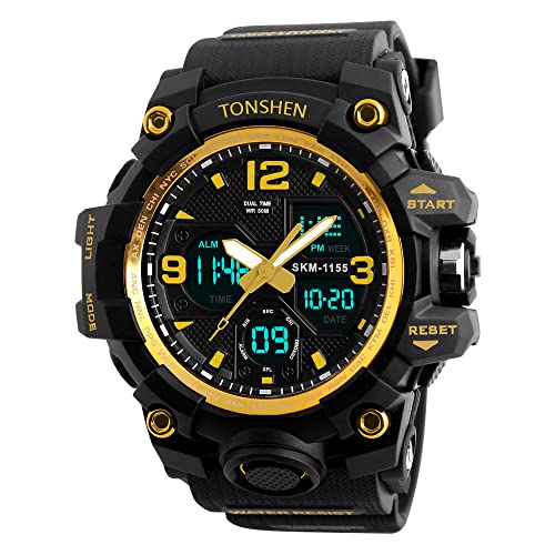 TONSHEN Herren Digital Uhr LED Outdoor Sportuhr Plastik Lünette Silikon Band Armbanduhr Mode Militär Männer Multifunktion Analog Quarzuhr Alarm Kalender Datum Tactical Uhren Große Zifferblatt (Gold) von TONSHEN